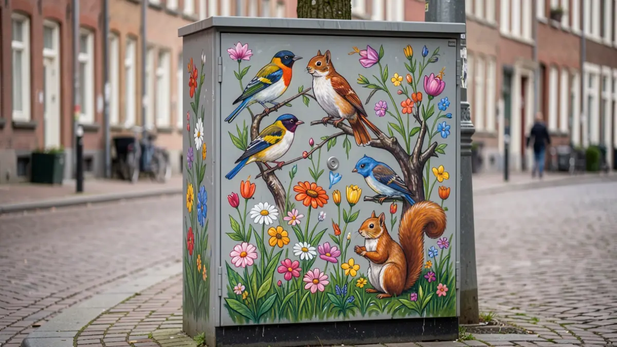 Generic image of an electrical cabinet decorated with a colorful mural depicting local fauna and flora, on a street in Brussels.