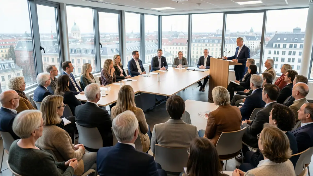 Image générique d'un groupe diversifié de citoyens participant à une réunion civique dans une salle moderne à Bruxelles.