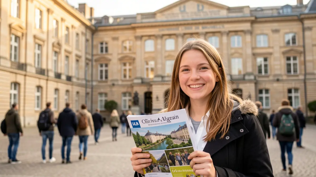 Image générique d'une étudiante souriante devant un bâtiment universitaire, tenant une brochure de voyage. Lumière naturelle.
