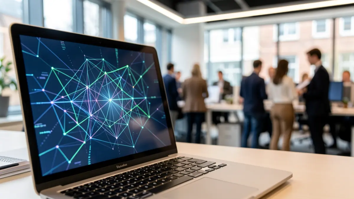 Close-up of a laptop screen displaying abstract digital network patterns and graphs, with a blurred background of a modern office space in Brussels. The overall mood is one of digital connectivity and environmental awareness.