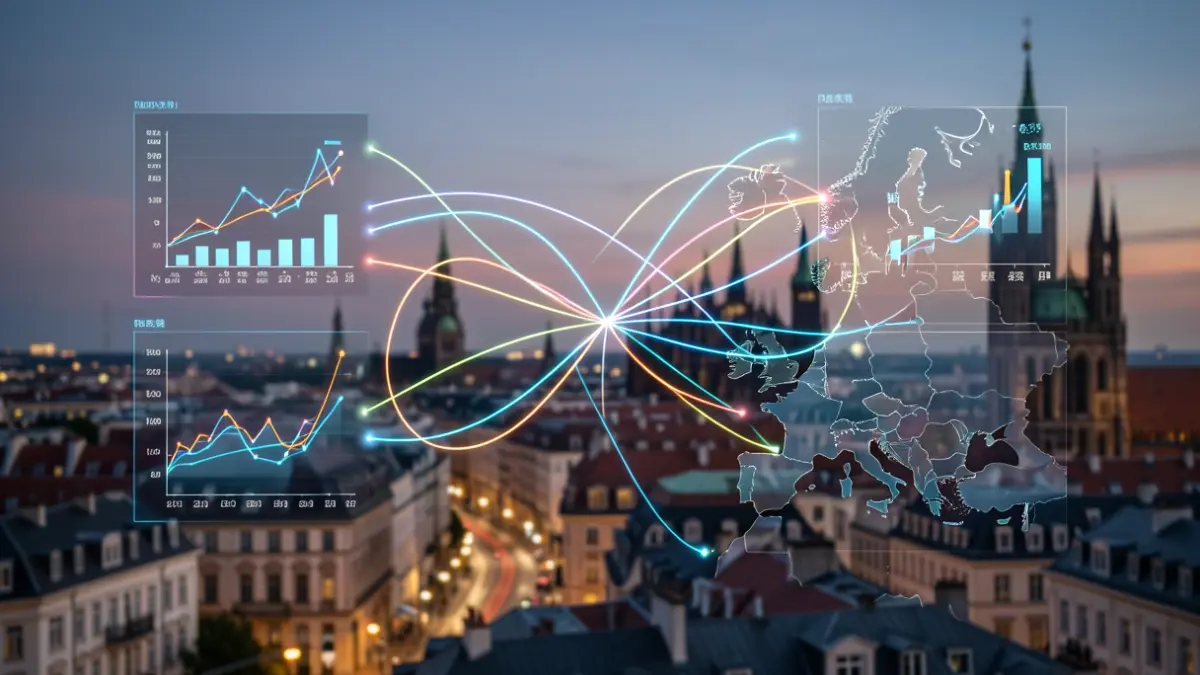 Abstract representation of statistical and geographical data integration with maps and charts, against a Brussels skyline at dusk.