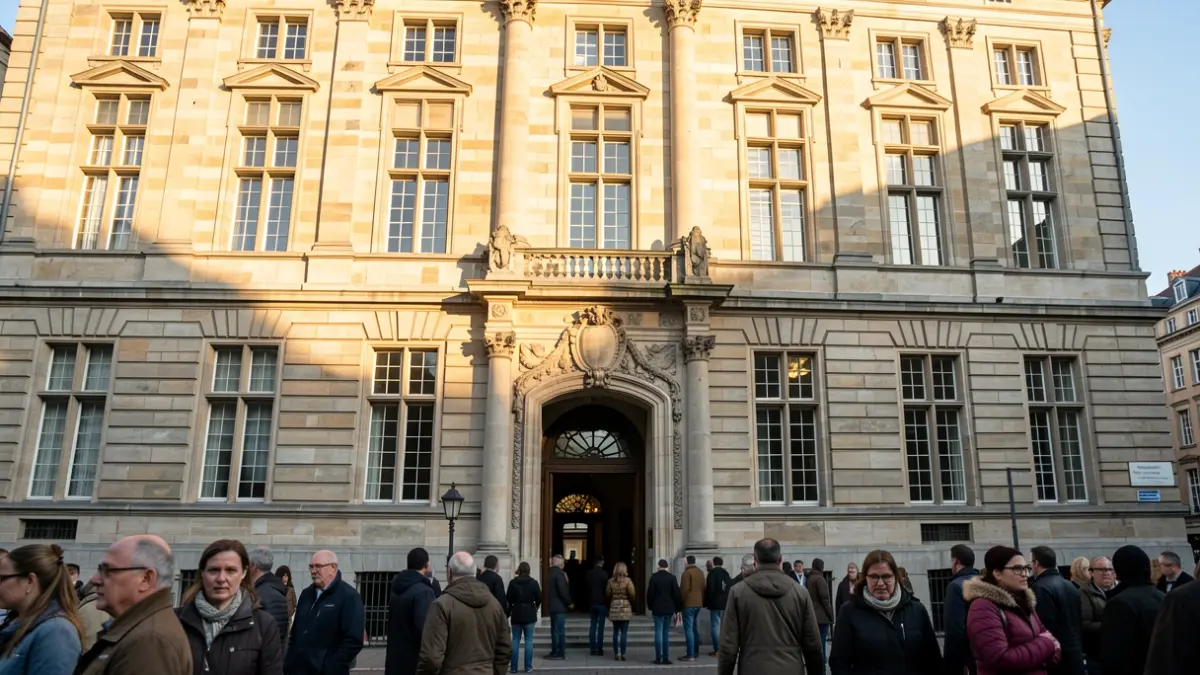 Façade d'un grand bâtiment en pierre avec plusieurs fenêtres et une entrée ornée, situé à Bruxelles, avec le soleil d'après-midi projetant des ombres chaudes.