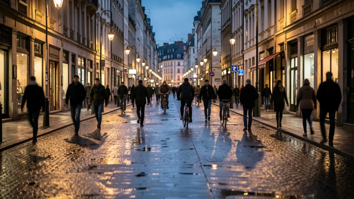 Generic image of traffic in Brussels at dusk, with visible but cautious pedestrians and cyclists.
