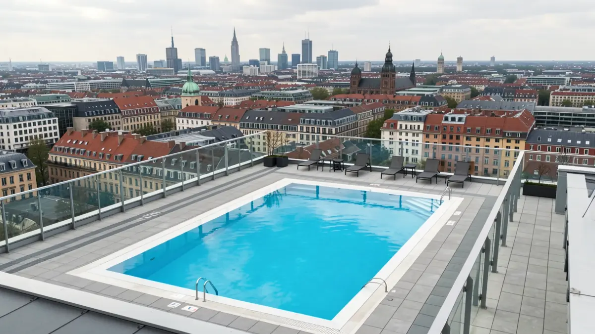 Image générique d'une piscine sur un toit avec vue sur la ville. Jamais de noms propres ni d'affirmation que cela représente le fait réel.