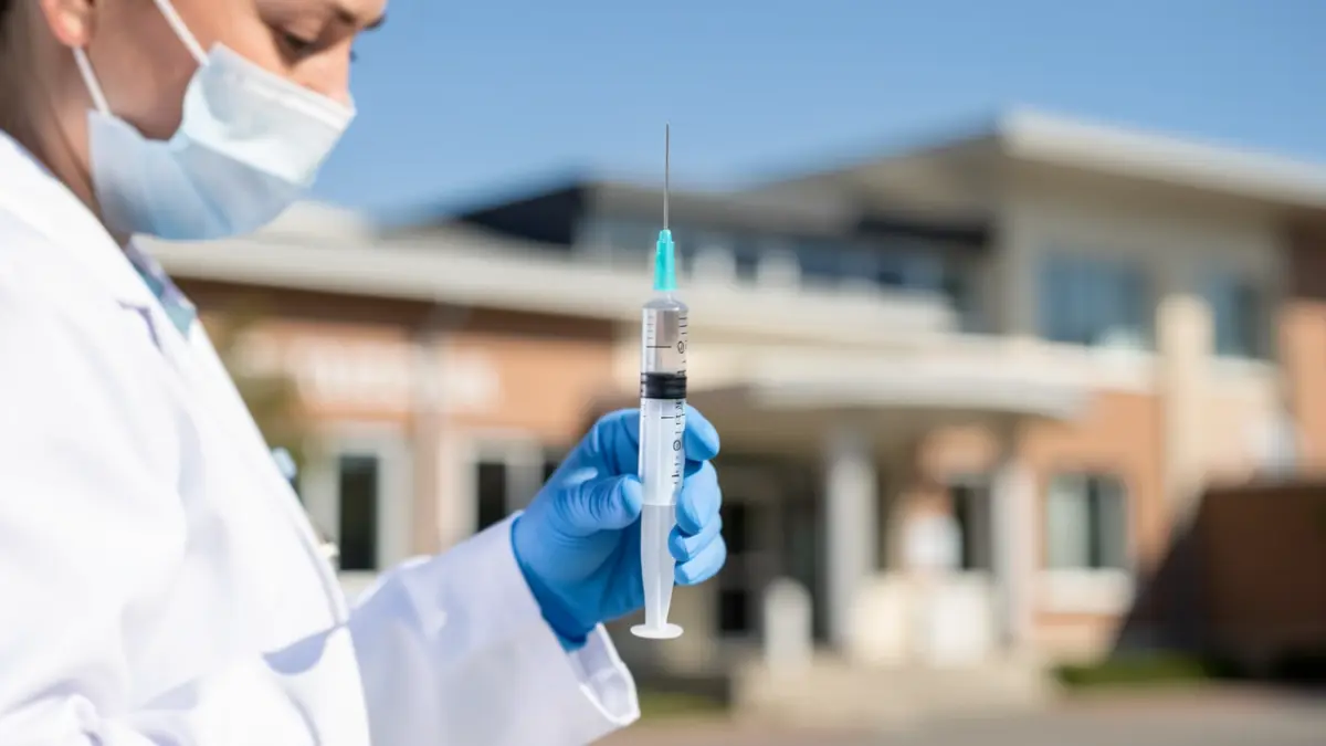 Healthcare professional offering a flu vaccination in front of a community center in Auderghem.
