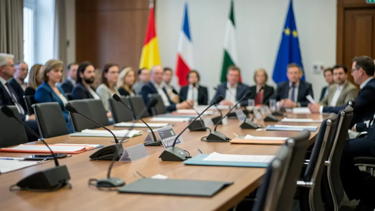 Salle de réunion officielle à Bruxelles avec des drapeaux du Benelux.