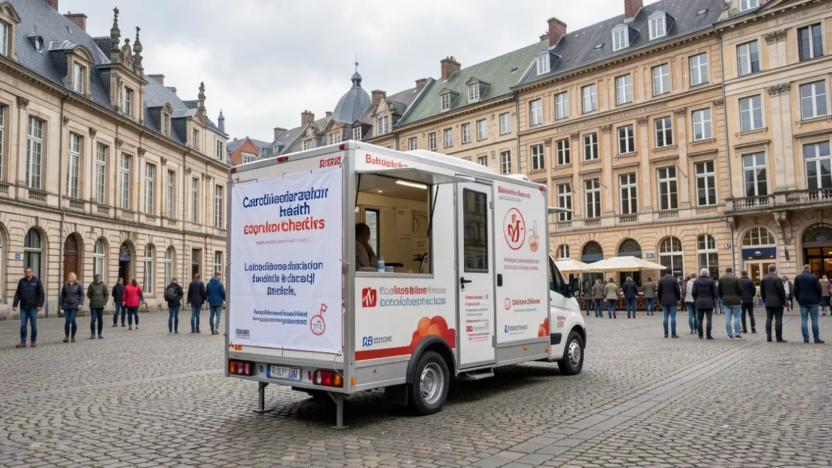 Mobile cardiovascular screening unit in a public square in Saint-Gilles, Brussels.