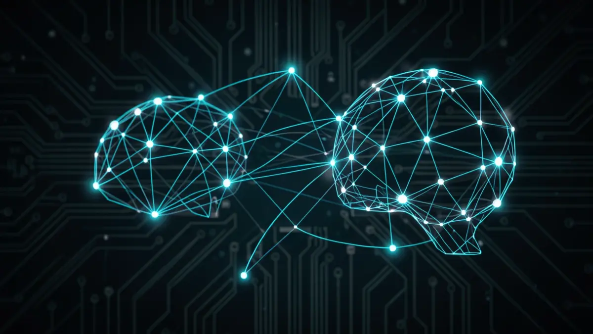Generic image of abstract representations of artificial intelligence agents communicating with glowing nodes and connecting lines on a dark background.