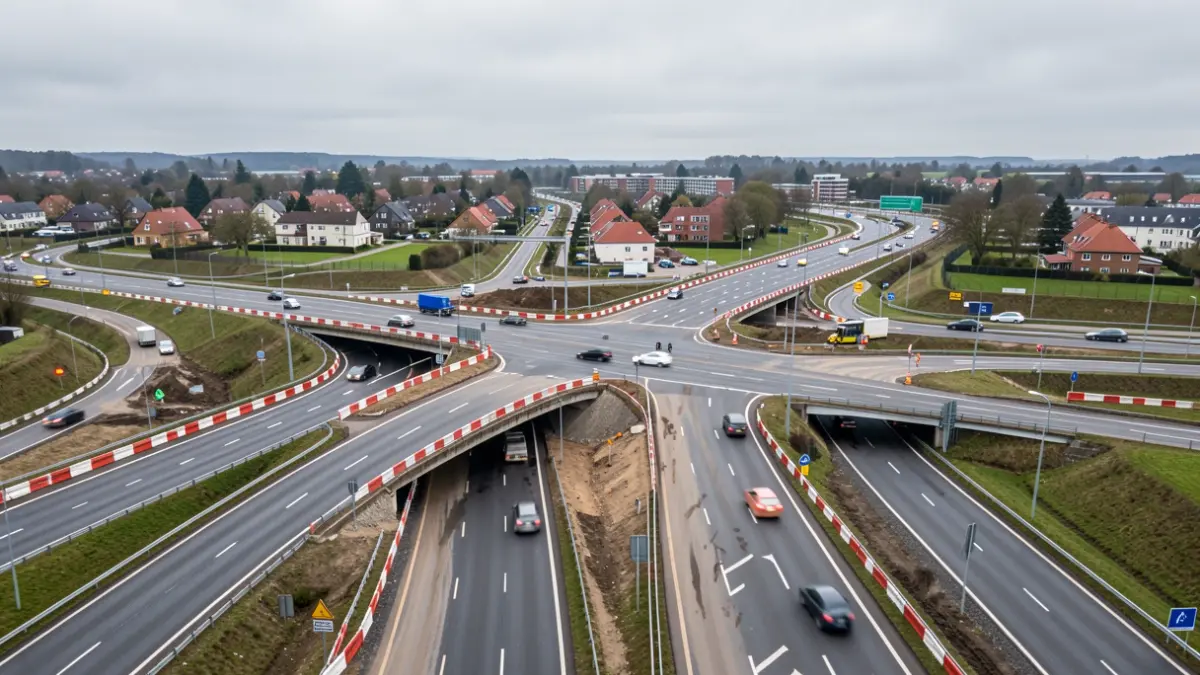 Aerial view of a highway interchange with ongoing roadworks and traffic diversions.
