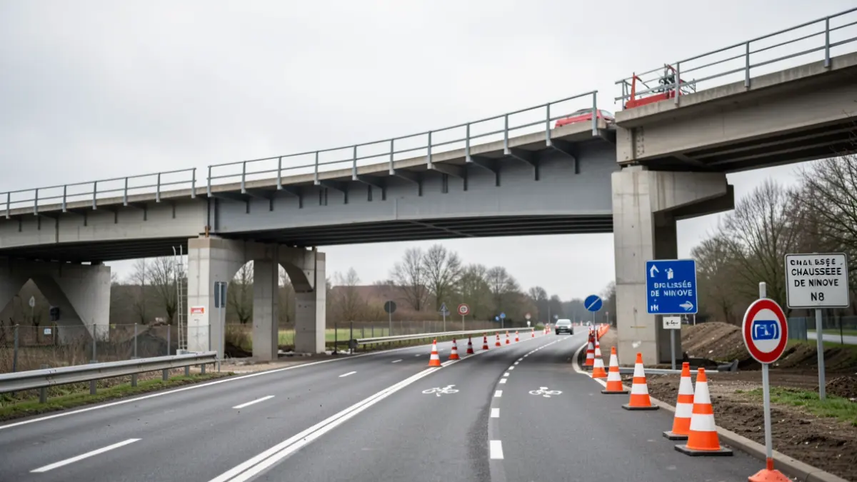 Roadworks on the Brussels Ring (R0) at the chaussée de Ninove (N8) interchange in Dilbeek, with bridge pier and cycle path construction.