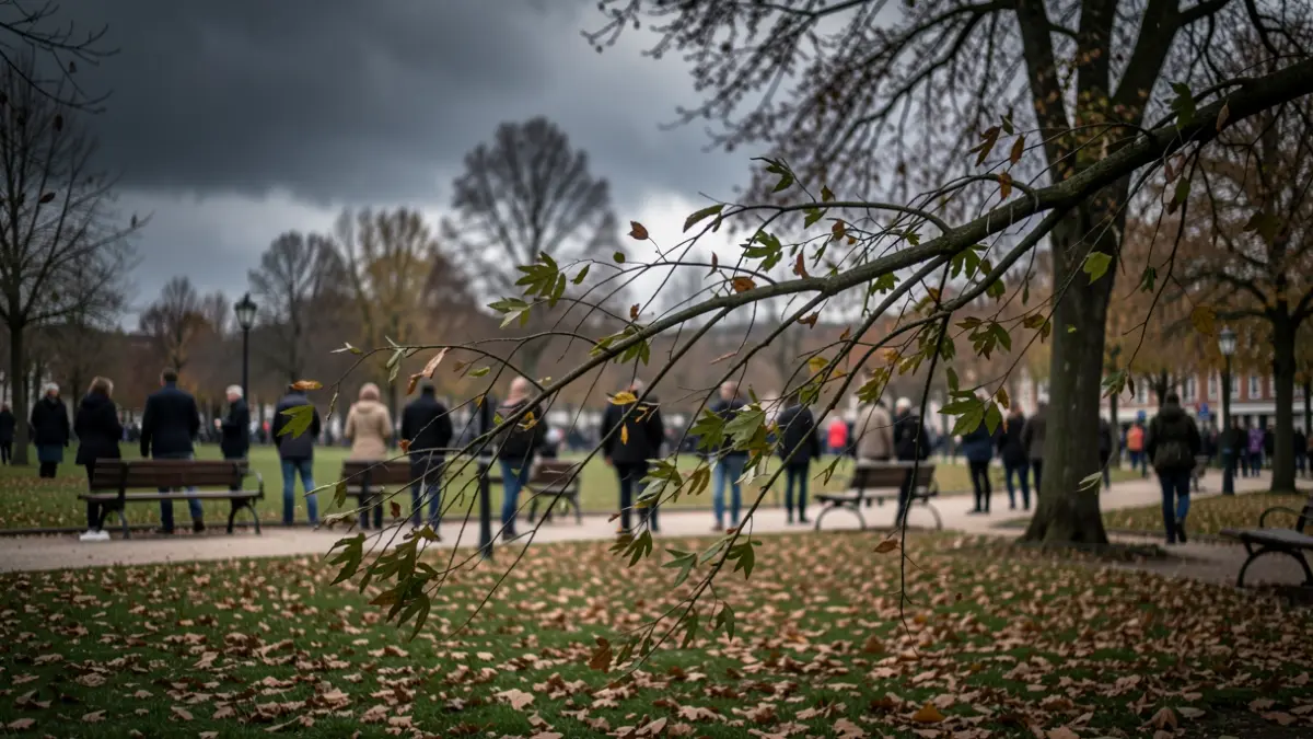 Image générique de vents forts dans un parc bruxellois, avec des arbres se balançant et des feuilles au sol sous un ciel couvert.