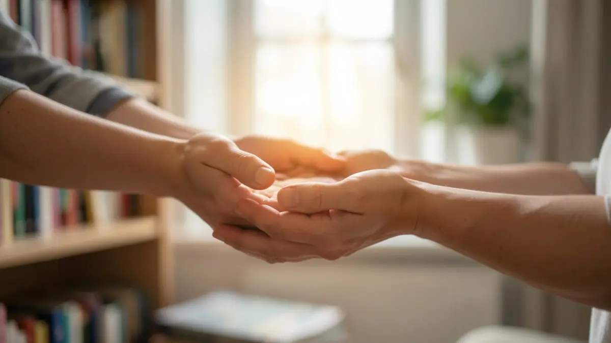 Image générique de mains offrant soutien et protection, dans des tons doux et rassurants. Pas de visages ni de violence explicite.
