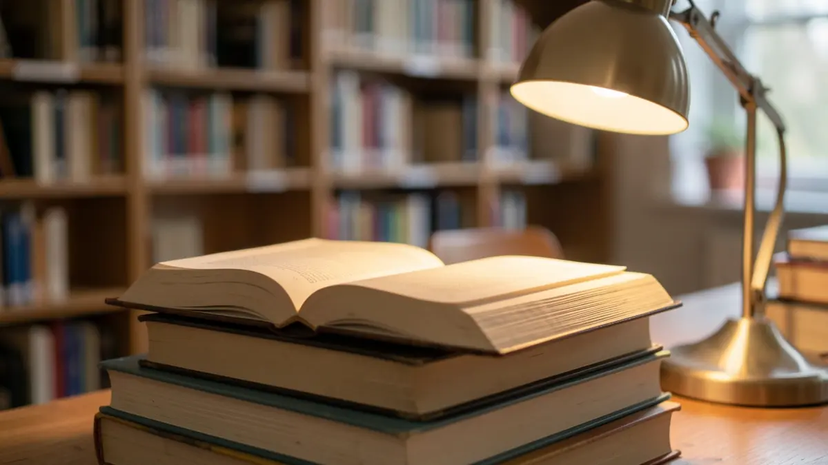 Generic image of stacked and open books illuminated by a desk lamp, in a setting suggesting a library or community center.