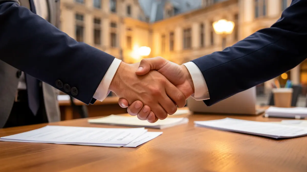 Generic image of two hands shaking over a desk with blurred documents.
