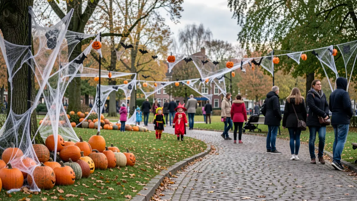 Image générique d'un parc décoré pour Halloween à Jette, avec des enfants en costumes.