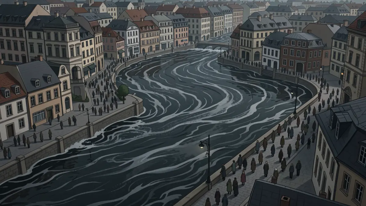 Image générique de l'eau submergeant un paysage urbain stylisé, avec des bâtiments et des routes partiellement recouverts. L'eau est représentée comme une masse sombre et fluide, contrastant avec les tons gris et bruns de la ville. L'ambiance est sombre et préventive.