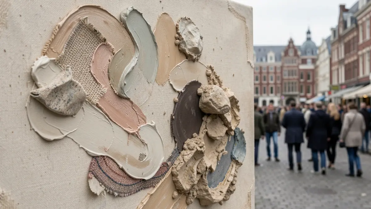 Generic image of an abstract composition evoking artistic sediments and traces, with textures of painting, sculpture, and textile. Soft, diffused light.