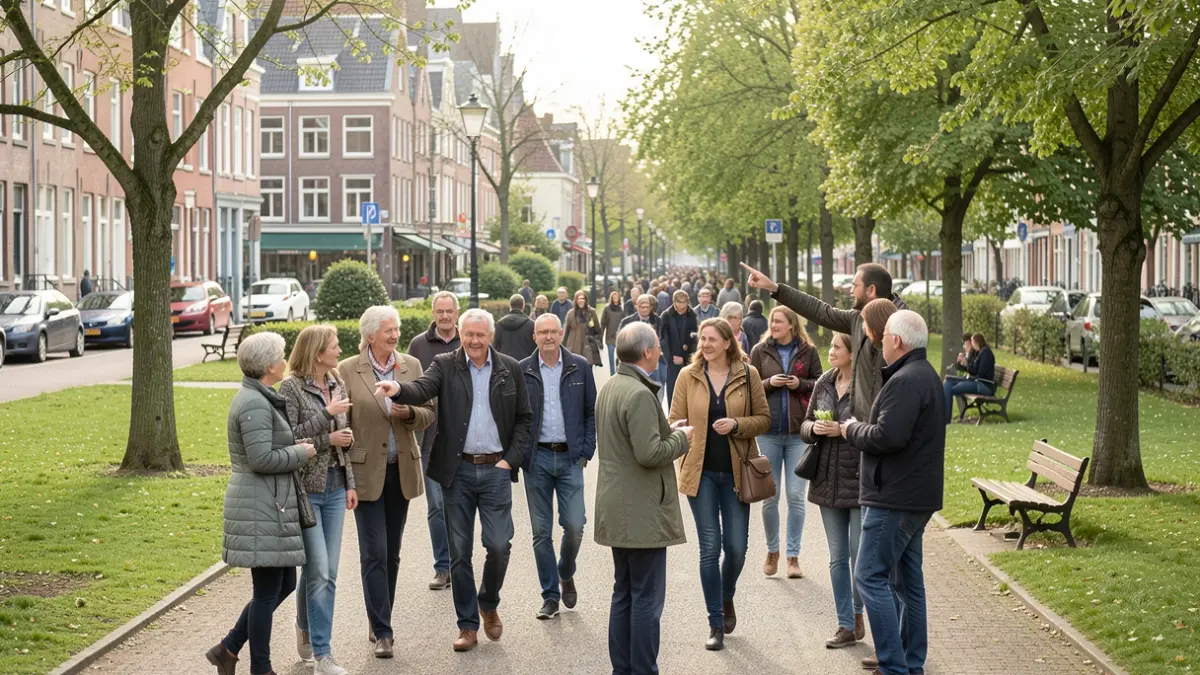 Generic image of diverse people walking and talking in a neighborhood park in Brussels, under soft natural light.