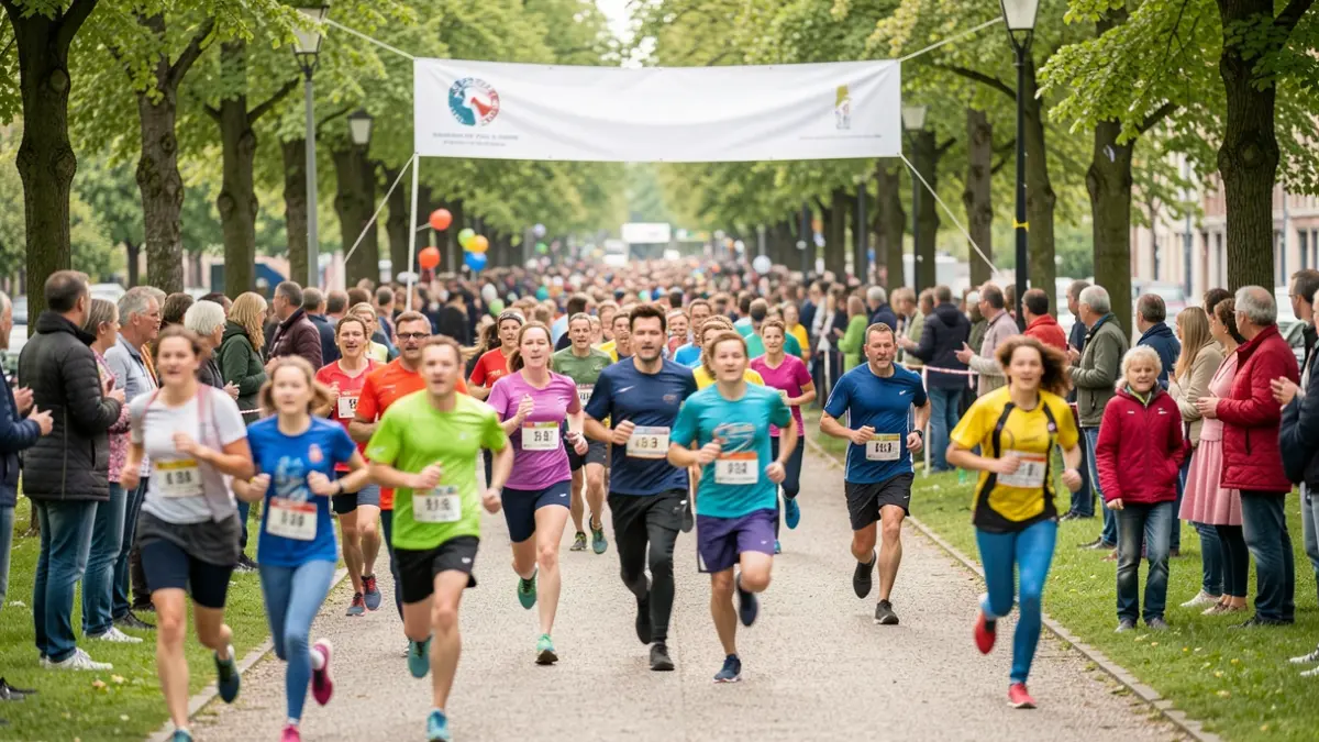 Generic image of a festive running race with participants of all ages and a finish line in the background, set in a green environment.