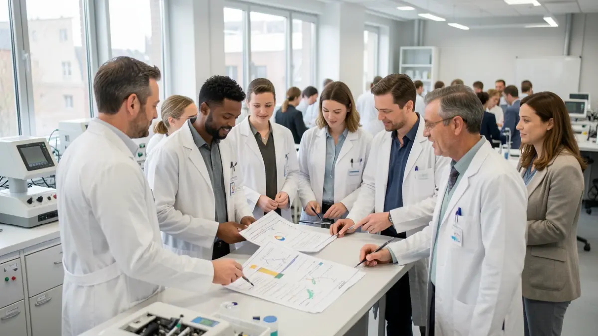 Image générique de professionnels de la santé et de chercheurs dans un laboratoire moderne, discutant de graphiques scientifiques et d'équipements. Lumière douce et naturelle. Accent sur la collaboration et l'innovation.