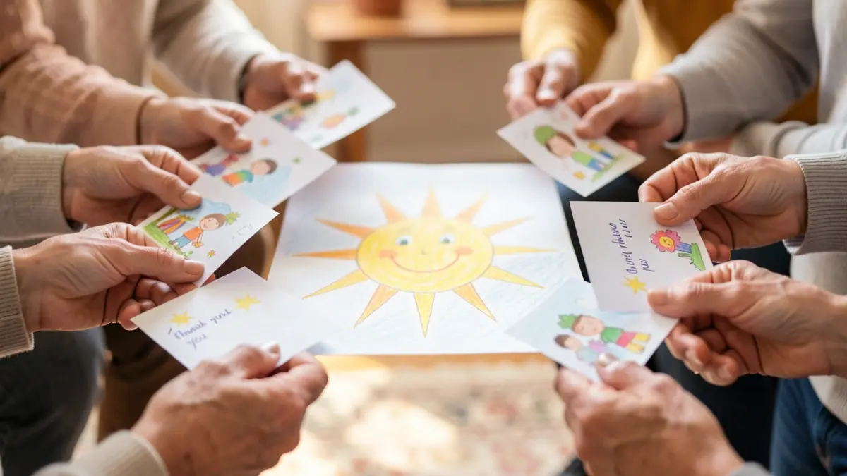 Image générique de mains tenant des dessins et des mots de remerciement pour les professionnels de l'accueil de l'enfance.