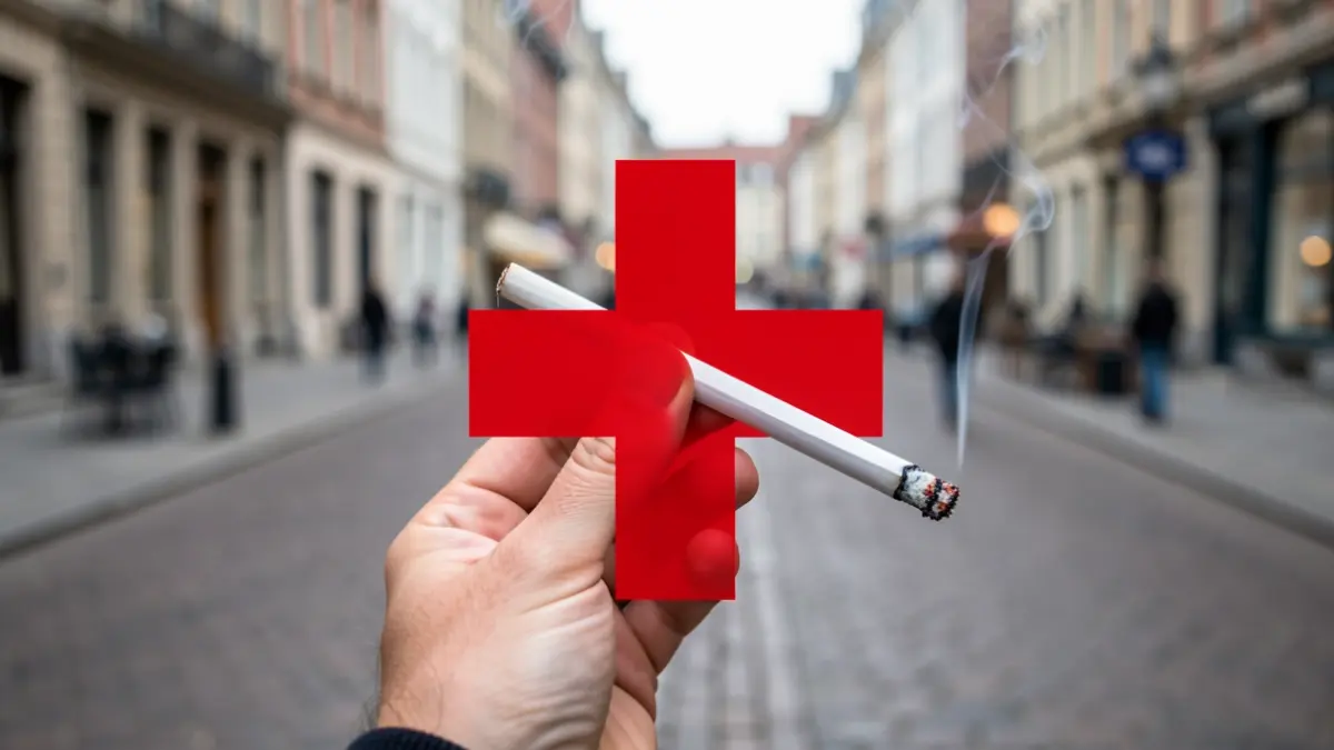 Symbolic image of a cigarette crossed out with a red cross, representing smoking cessation, with a blurred Brussels street background.