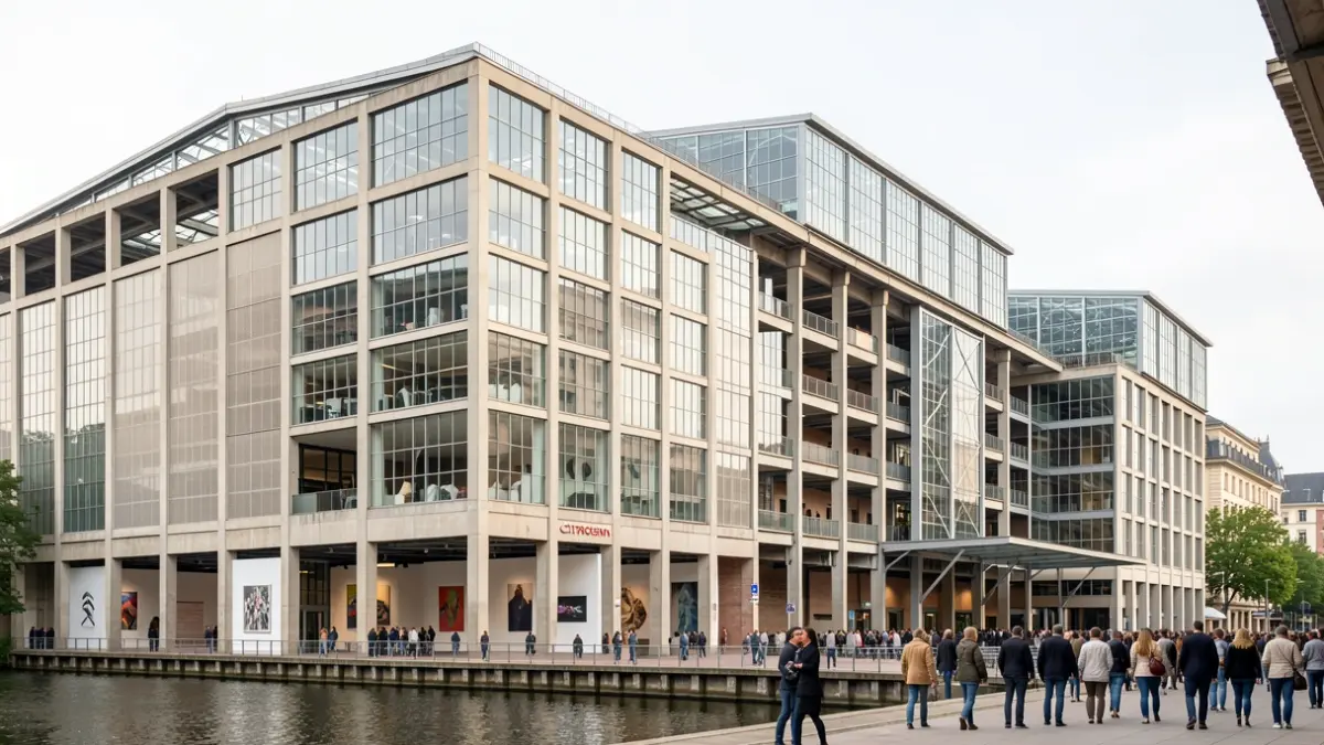Facade of the former Citroën factory, redeveloped into the Kanal-Centre Pompidou art center in Brussels, featuring modern and industrial architecture.