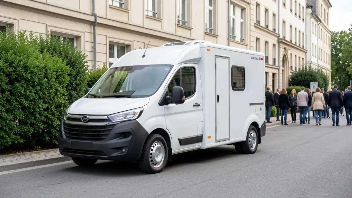 Une camionnette de laverie mobile gratuite stationnée devant un centre de jour à Berchem-Sainte-Agathe.