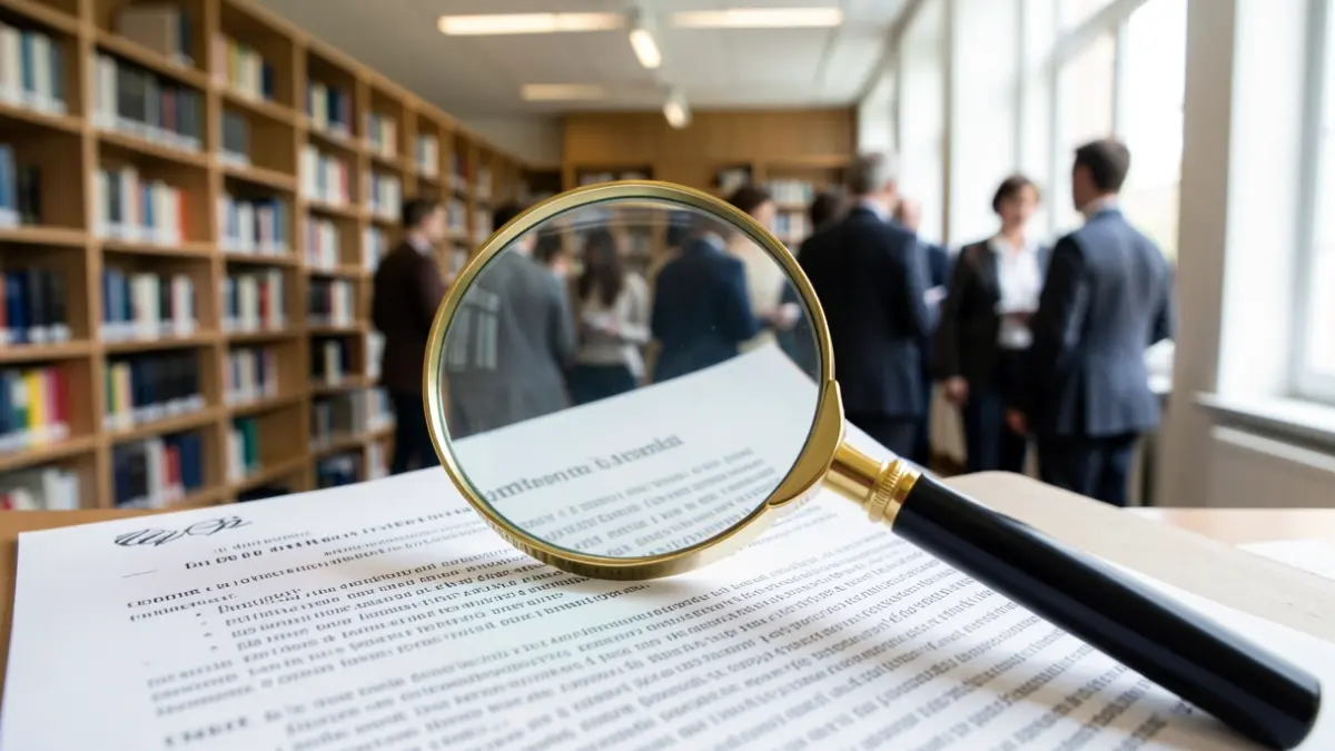 Close-up of a legal document with a magnifying glass over text, blurred background of a modern university library with bookshelves, soft northern light.