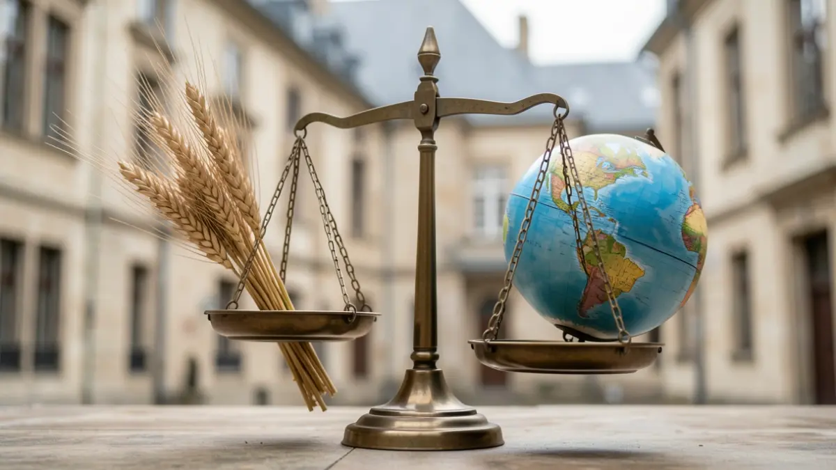 Image générique de d'une balance de justice avec un épi de blé et un globe terrestre, sur fond d'architecture académique.