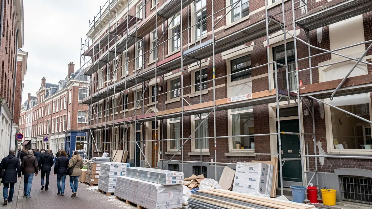 Image générique: bruxelles. Façade de bâtiment avec échafaudages et matériaux de construction.