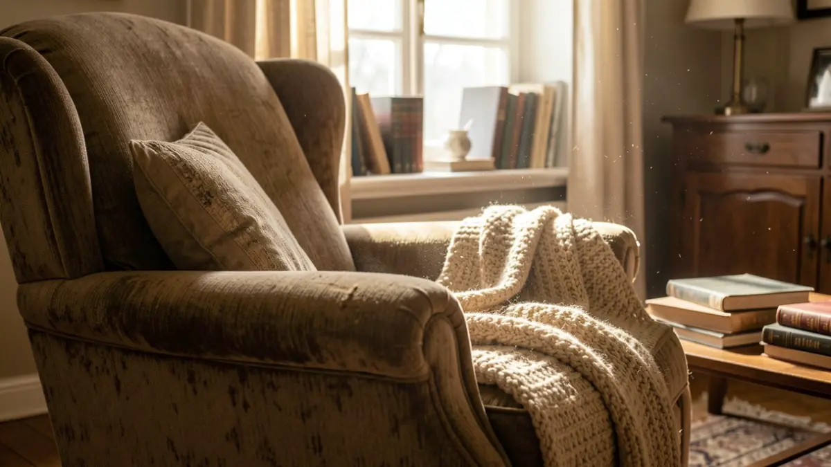Generic image of a worn armchair in a cozy living room, with personal belongings and sunlight filtering through the window. No people visible.