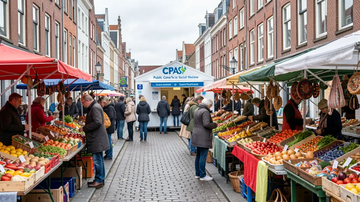 Scène de marché annuel à Ganshoren avec la présence du CPAS et une fête au Home Heydeken.