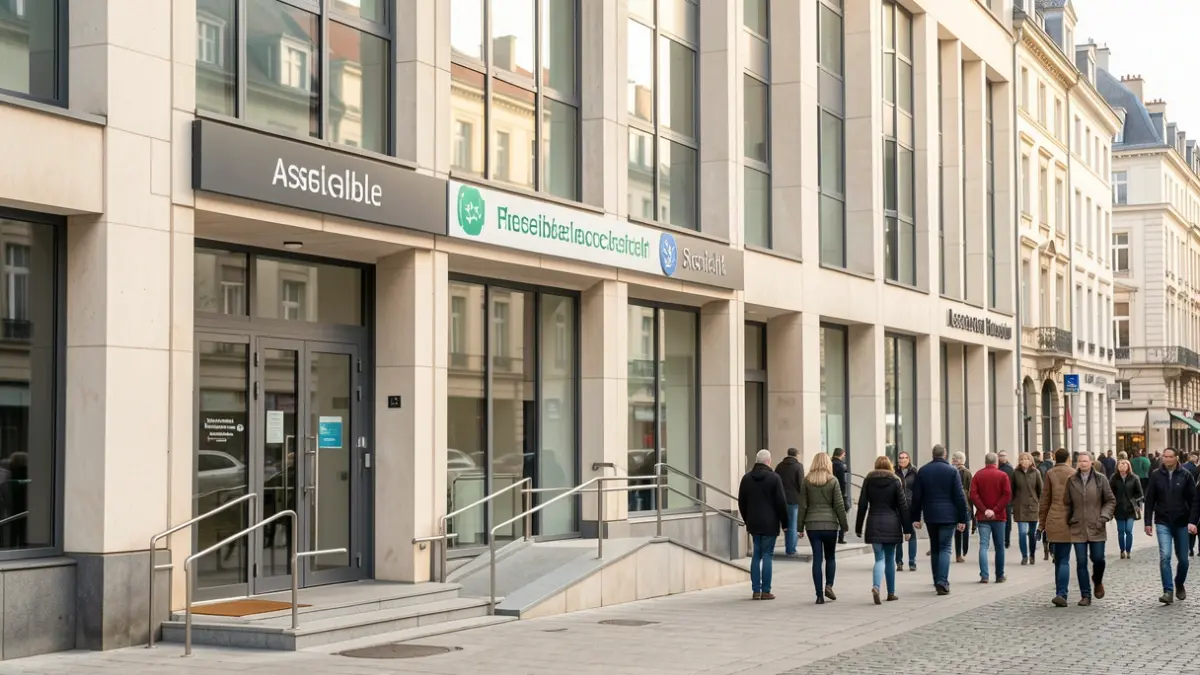 Image générique d'une façade de bâtiment public moderne et accessible à Bruxelles, avec signalisation claire et rampes, lumière naturelle douce, style documentaire.