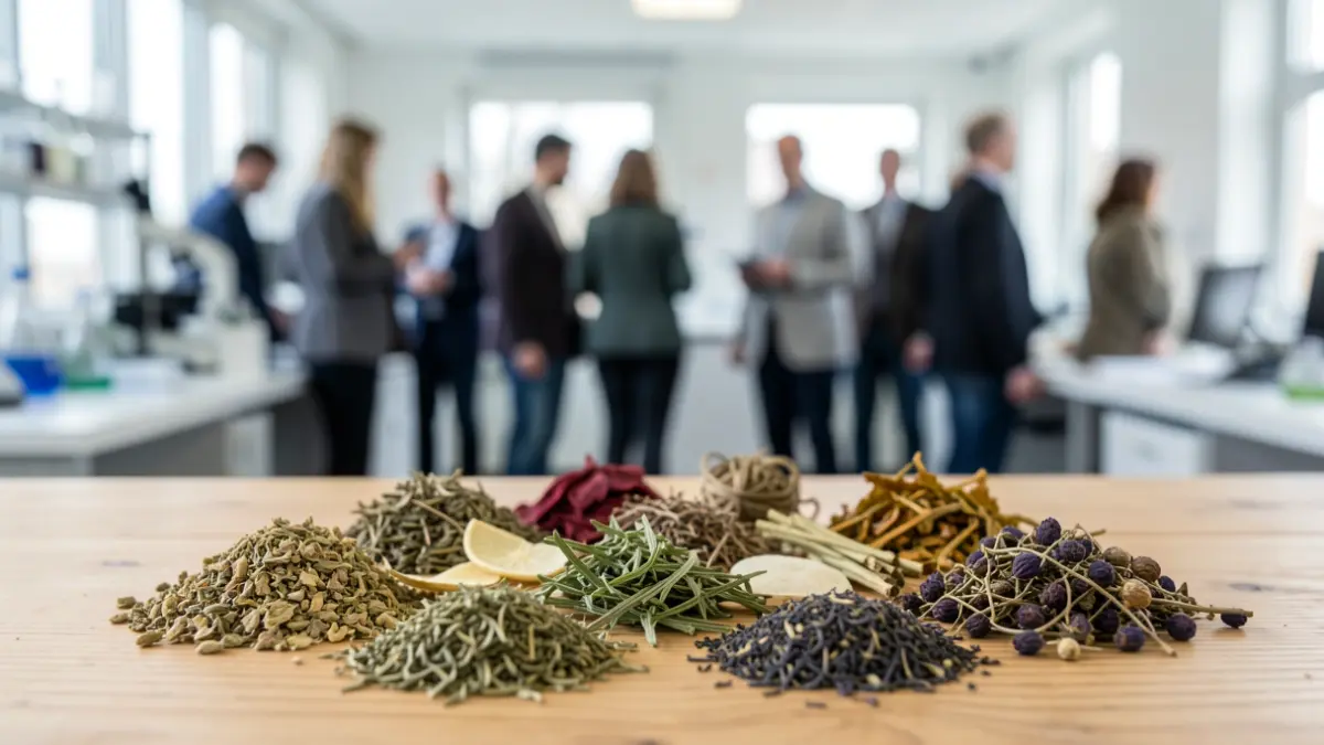 Generic image of various dried herbs and plant extracts arranged artistically on a wooden table, with a blurred background of a modern laboratory setting. Soft, natural lighting. Documentary photography style.
