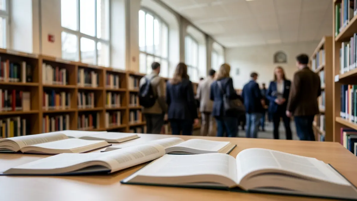 Generic image of a modern university library with blurred bookshelves and natural light.