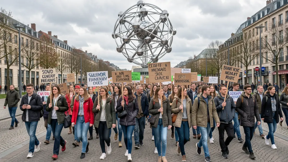 Generic image of a climate march in Brussels with students and environmental signs, the Atomium in the background.