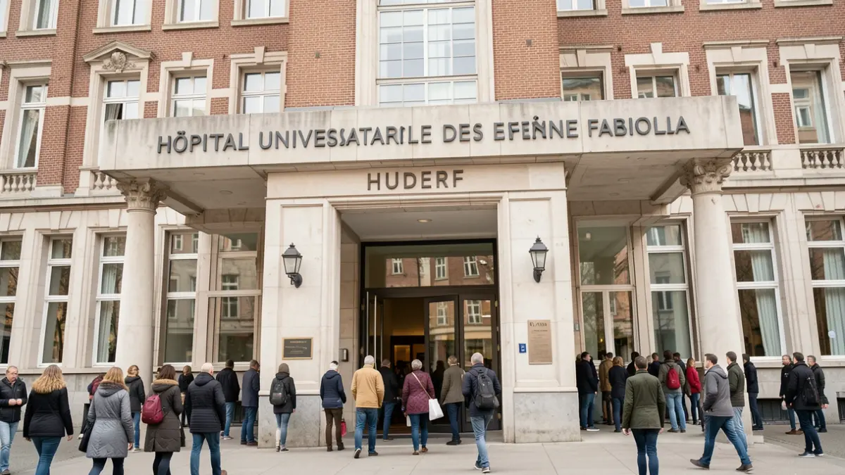 Façade de l'Hôpital Universitaire des Enfants Reine Fabiola (HUDERF) à Bruxelles, avec un accent sur l'entrée principale, lumière du jour douce, style photographie documentaire.