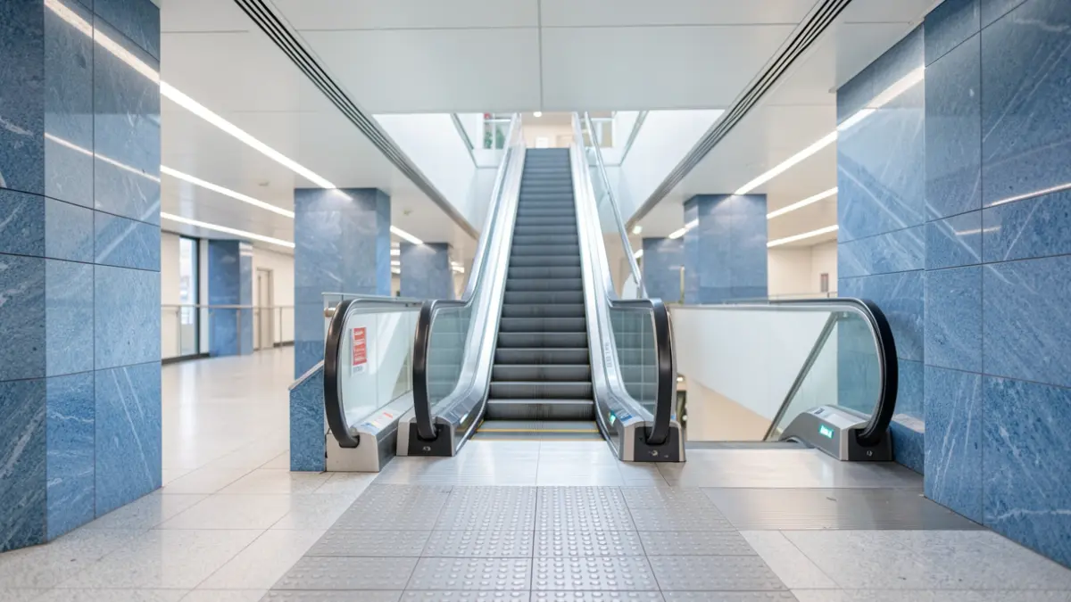 Generic image of a modern metro station interior featuring an escalator and tactile paving.