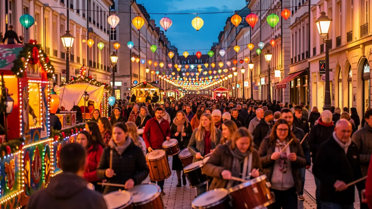 Image générique d'une parade lumineuse festive en soirée dans une ville européenne, avec des chars illuminés et des musiciens.