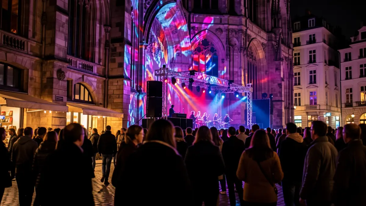 Generic image of Museum Night Fever in Brussels, featuring festive lights and silhouettes near a historic facade.