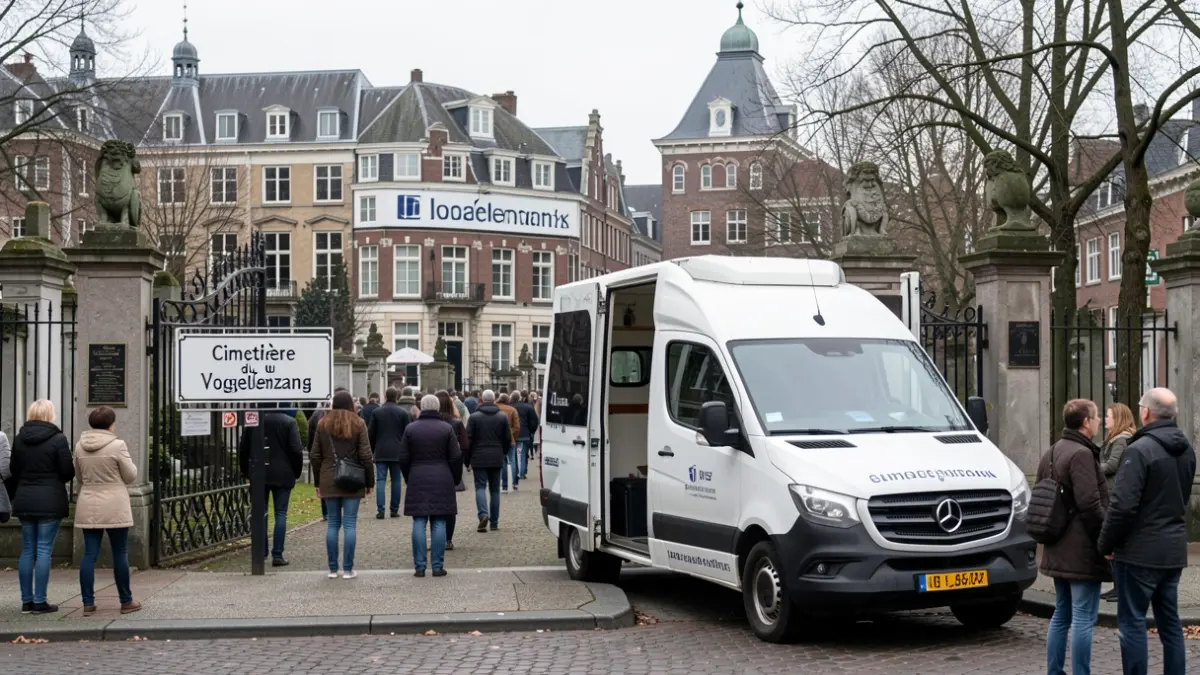 Generic image of a communal shuttle near a cemetery entrance, with typical Brussels architectural elements in the background.