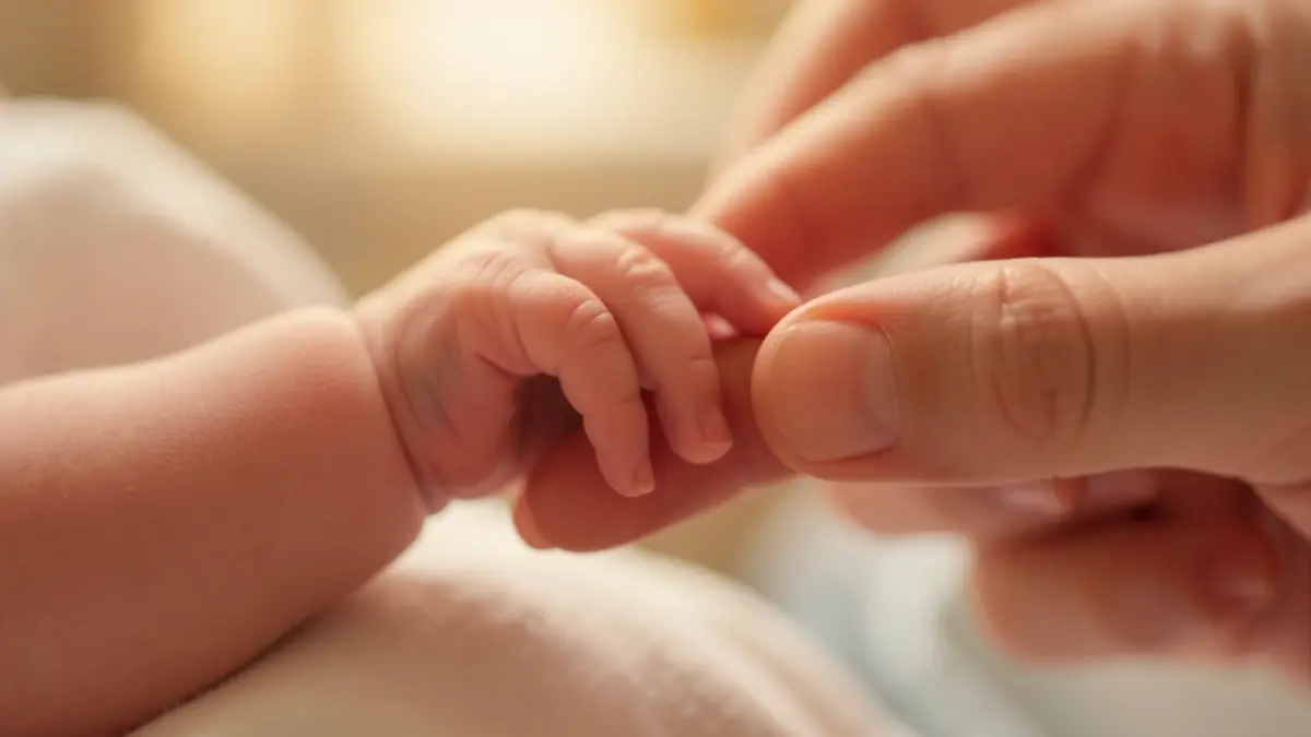 Image générique d'une main de nouveau-né tenant un doigt d'adulte, dans une lumière douce et chaleureuse.