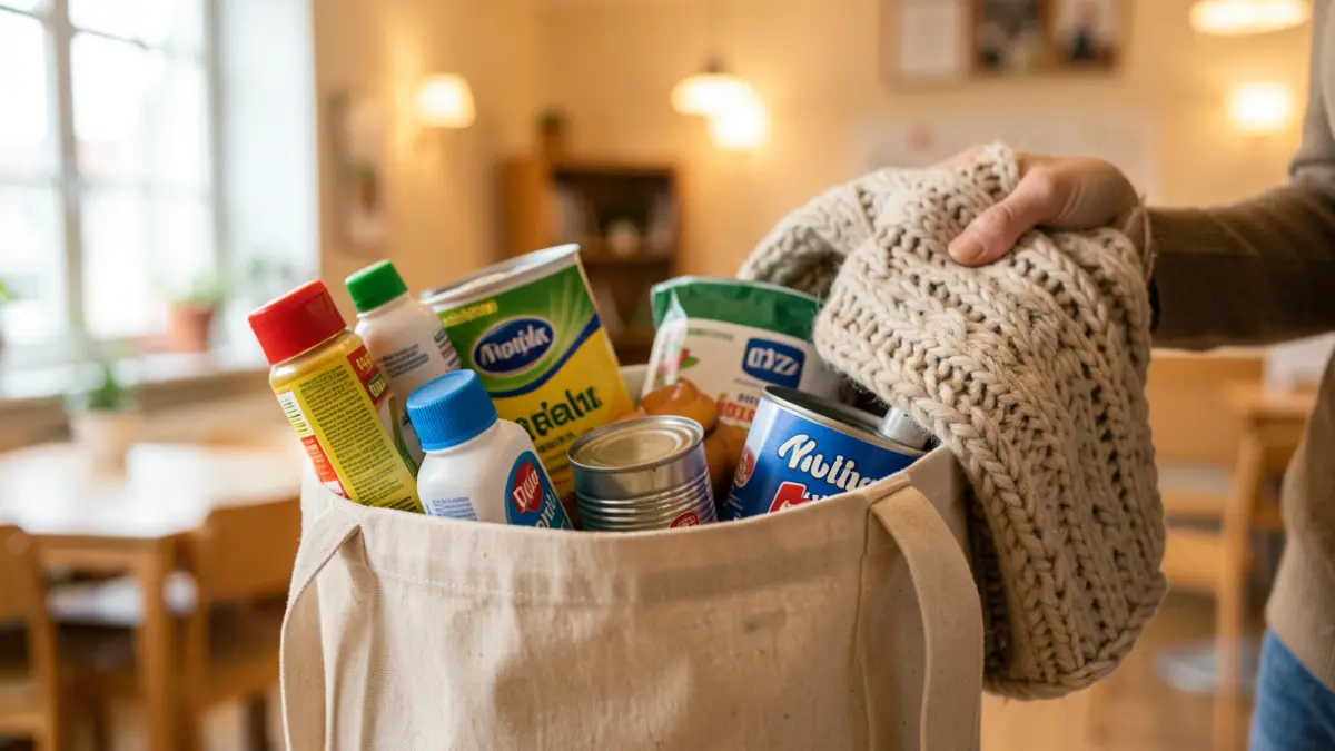 Generic image of fabric bags filled with hygiene products and food, in a community center.