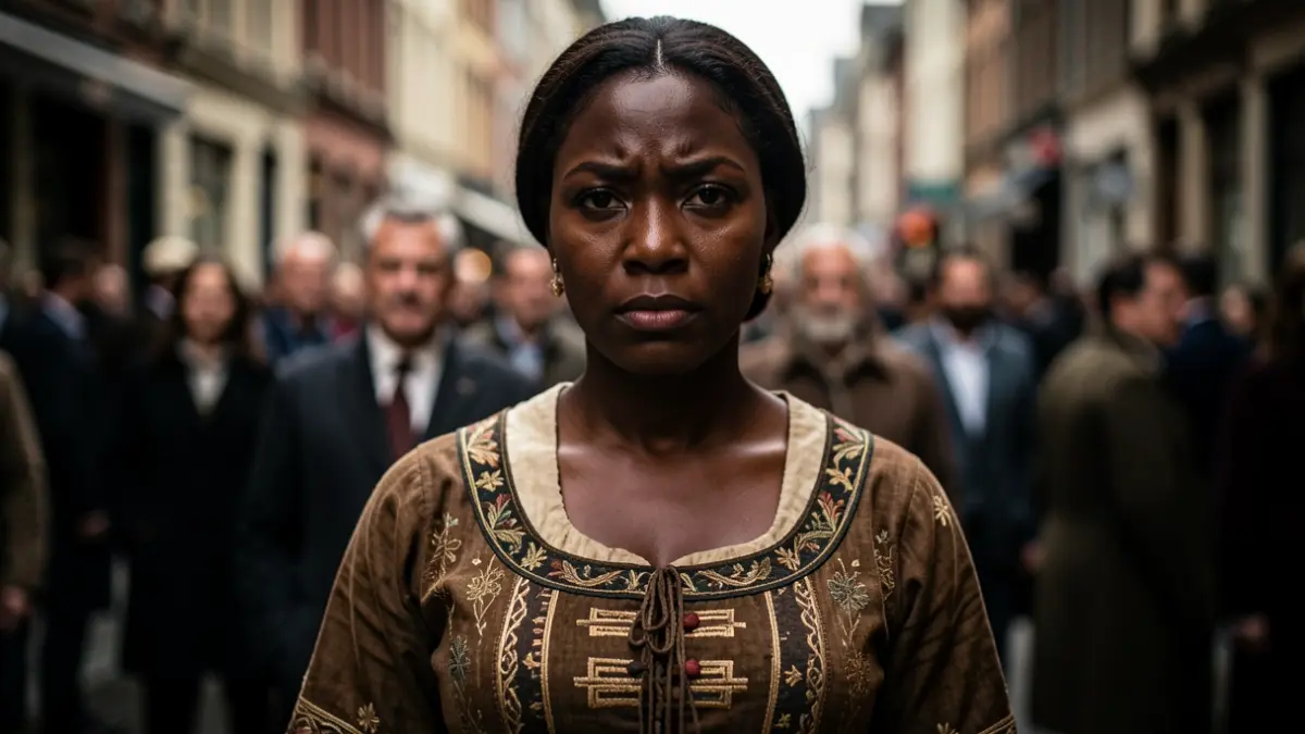 Photograph of a strong, proud African woman wearing a symbolic garment, in a style evocative of the history of slavery.