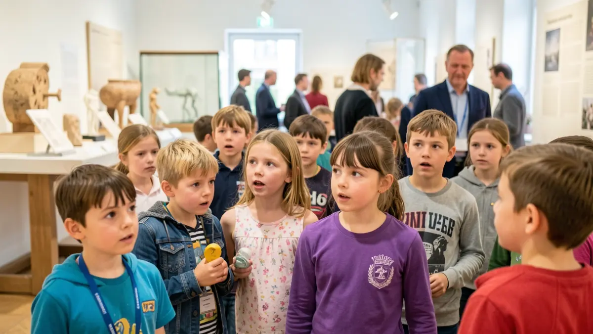 Image générique d'enfants explorant un environnement professionnel, avec des éléments flous d'adultes en arrière-plan.