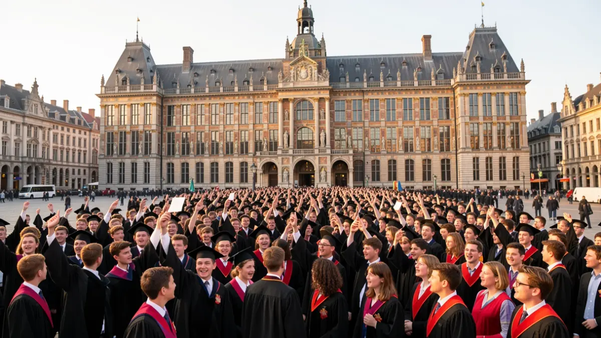 The facade of the Brussels Town Hall on the Grand-Place, with a large crowd of young graduates in academic regalia celebrating, warm afternoon light, documentary photography style.