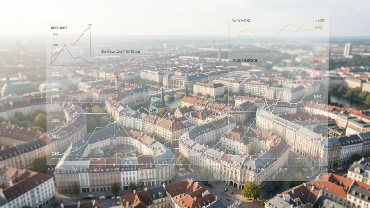 Vue aérienne de la Région de Bruxelles-Capitale avec des graphiques de données démographiques.