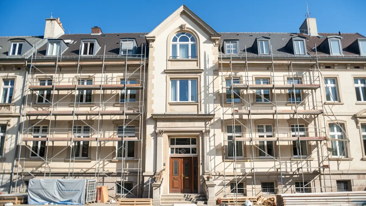 Facade of the Canler residence in Brussels, a public housing building undergoing renovation, with scaffolding and construction materials.