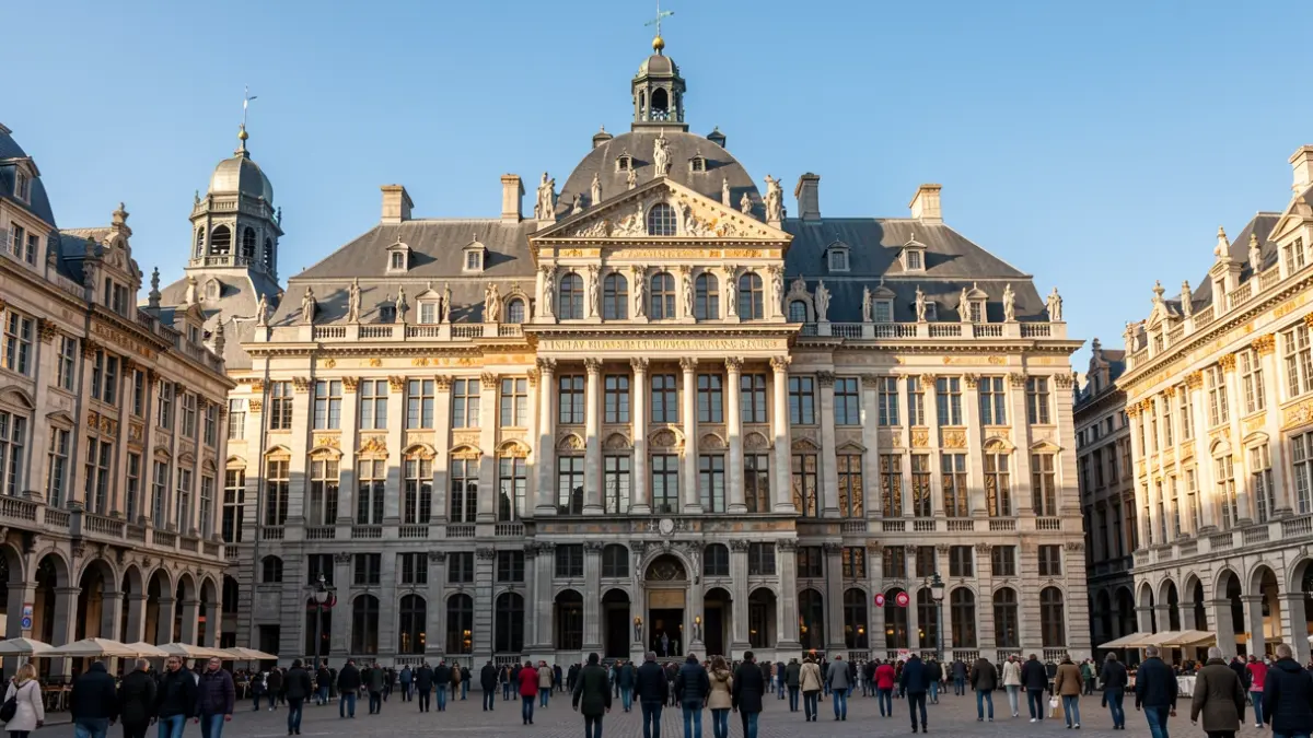 Facade of historic buildings on the Grand-Place in Brussels, with ornate architecture and stone details, under warm afternoon sunlight.